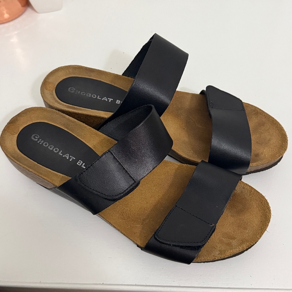Chocolat Blu Black Leather Slide Sandals Platform Cork Wedge Heels Size 7